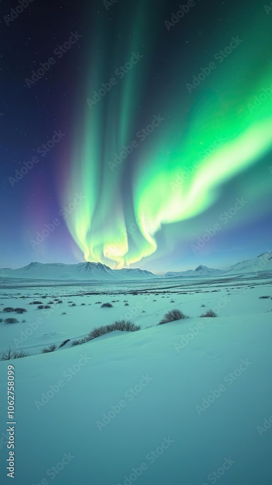Panoramic view of vibrant northern lights illuminating snowy arctic landscape, tranquil, glowing, winter Panoramic view of vibrant northern lights illuminating snowy arctic landscape, tranquil, glowing, winter