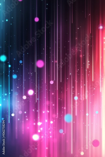 Blurred background with fiber optic light stripes and pink and blue glowing dots, a technology concept. 