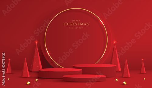 Podium shape for show cosmetic product display for christmas day or new years. Stand product showcase on red background with lighting christmas. vector design.