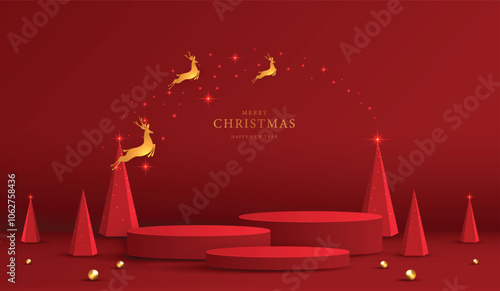 Podium shape for show cosmetic product display for christmas day or new years. Stand product showcase on red background with lighting christmas. vector design.