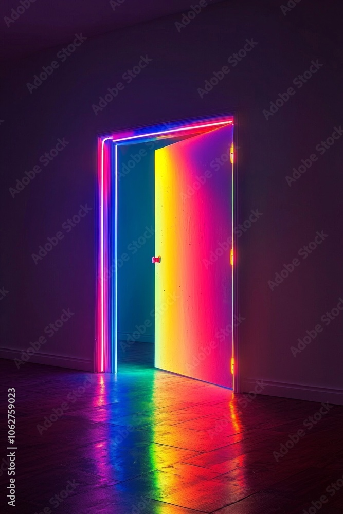 Boundless Potential: A neon-lit open door with rainbow light spilling out, symbolizing opportunities and endless possibilities. Boundless Potential: A neon-lit open door with rainbow light spilling out, symbolizing opportunities and endless possibilities.