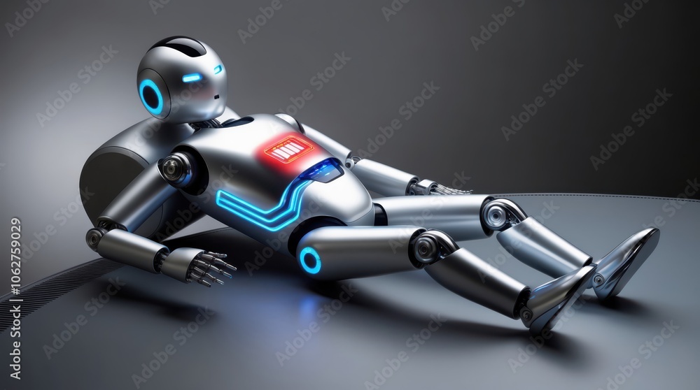 Fototapeta premium silver modern robot disfunctioning battry low