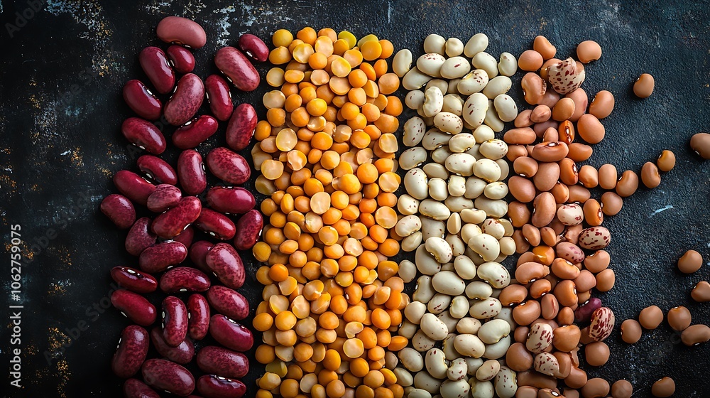 An artistic arrangement of dried split peas kidney beans and pinto beans showcasing their rich hues and natural patterns An artistic arrangement of dried split peas kidney beans and pinto beans showcasing their rich hues and natural patterns