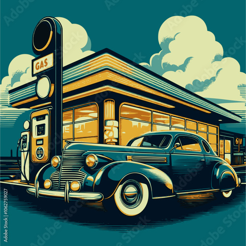 Car gas station in retro style. Classic car with gas station. Multilayer SVG file without gaps between paths.