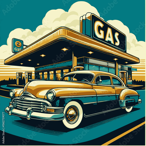 Car gas station in retro style. Classic car with gas station. Multilayer SVG file without gaps between paths.