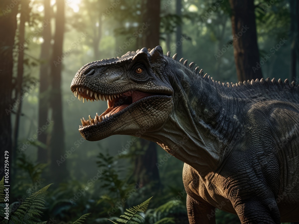 Obraz premium close up of a tyrannosaurus rex،tyrannosaurus rex in the forest،tyrannosaurus rex dinosaur 