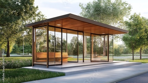 Modern Bus Stop Shelter with Glass Walls and Wooden Roof . 