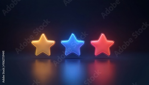 Three-dimensional star rating icon, stars arranged in a row, one emphasized.