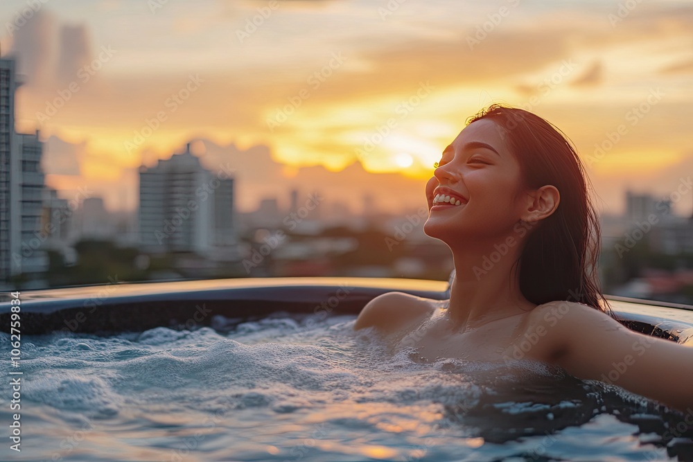Woman relaxing in hot tub at sunset. Perfect for promoting spa treatments, relaxation, and wellness. Woman relaxing in hot tub at sunset. Perfect for promoting spa treatments, relaxation, and wellness.