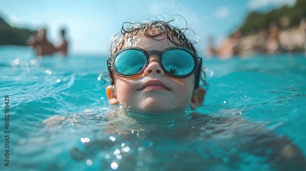 Fototapeta premium A young boy wearing sunglasses floats in a pool. This image can be used for websites, blogs, and social media posts related to summer, water, and leisure.