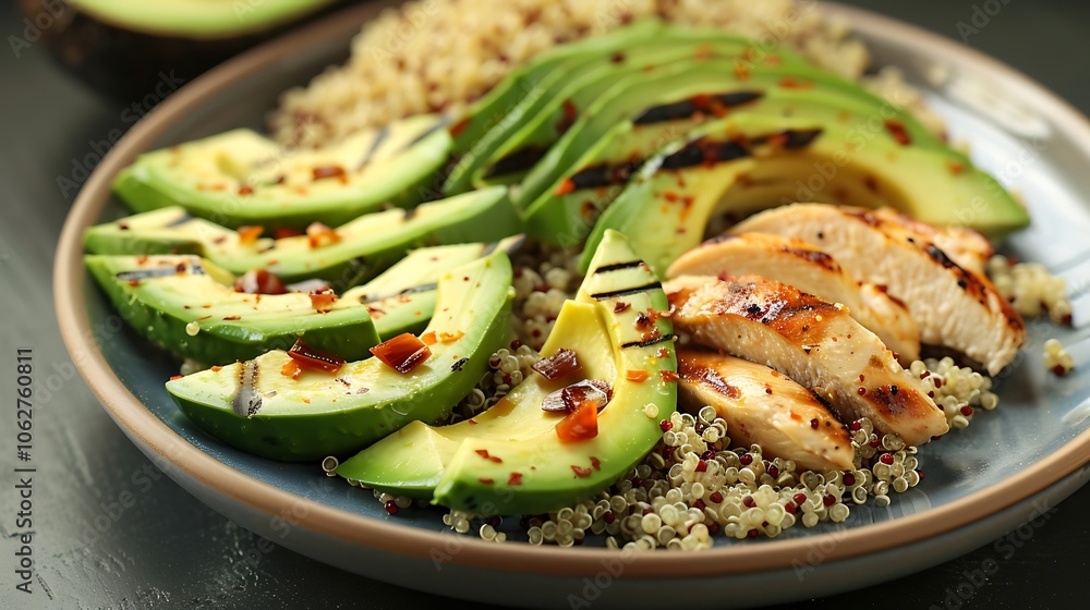 A healthy plate of quinoa, avocado, and grilled chicken A healthy plate of quinoa, avocado, and grilled chicken