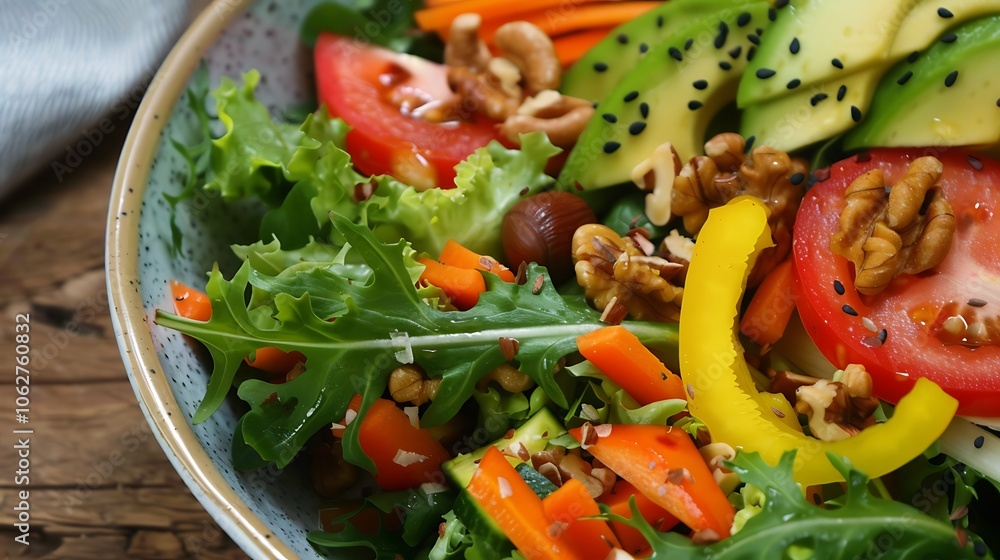 A healthy salad bowl filled with vibrant vegetables, avocado, and nuts A healthy salad bowl filled with vibrant vegetables, avocado, and nuts
