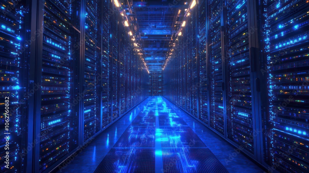 Fototapeta premium Detailed 3D visualization of data servers with glowing and dynamic lights.