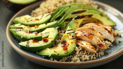 A healthy plate of quinoa, avocado, and grilled chicken