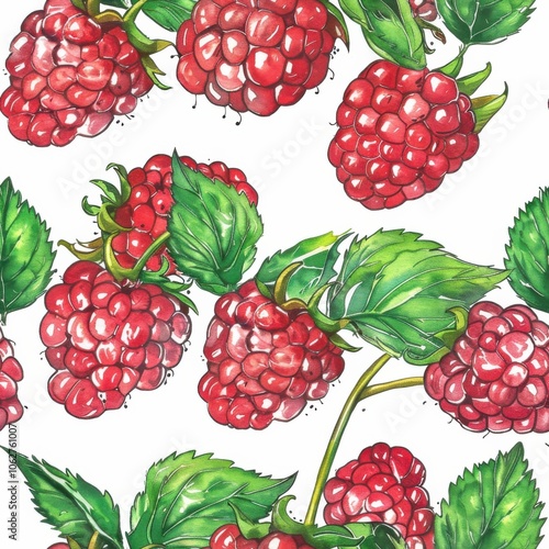 pattern of raspberries with leaves, watercolor, white background photo