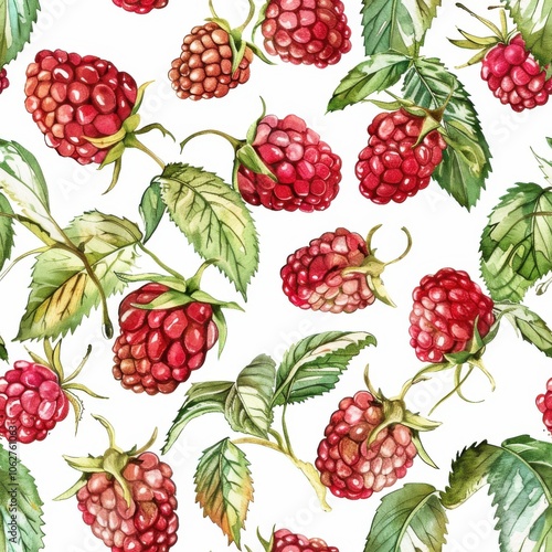 pattern of raspberries with leaves, watercolor, white background