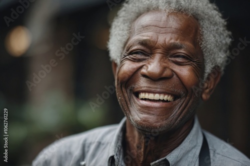 Elderly man smiles warmly while enjoying a sunny day outdoors in a quiet garden, exuding joy and contentment during afternoon hours