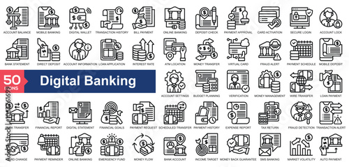  Digital Banking icon collection Line Style