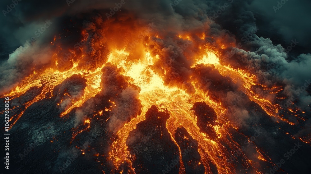A dramatic aerial view of a volcano erupting with molten lava and smoke billowing into the air. A dramatic aerial view of a volcano erupting with molten lava and smoke billowing into the air.