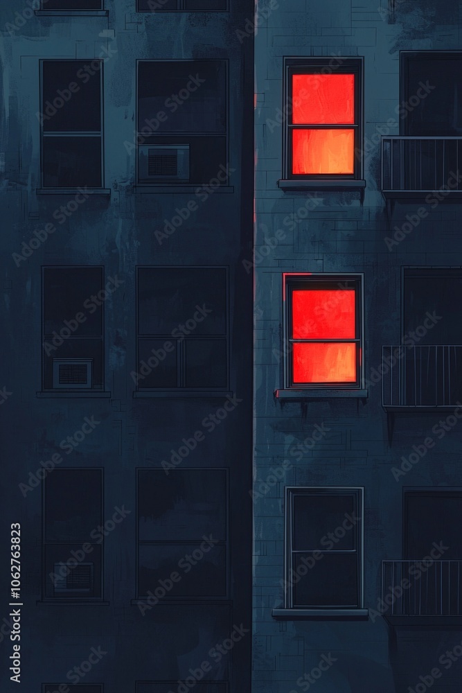 Minimalist illustration of the windows on an apartment building at night, with glowing lights from the windows Minimalist illustration of the windows on an apartment building at night, with glowing lights from the windows