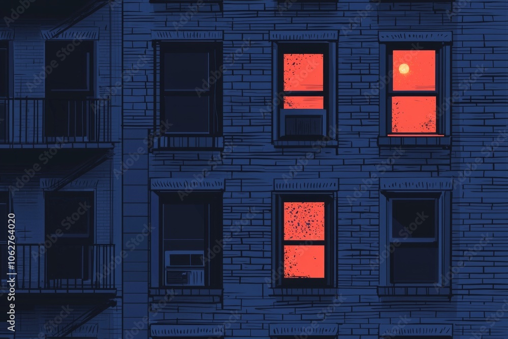 Minimalist illustration of the windows on an apartment building at night, with glowing lights from the windows Minimalist illustration of the windows on an apartment building at night, with glowing lights from the windows