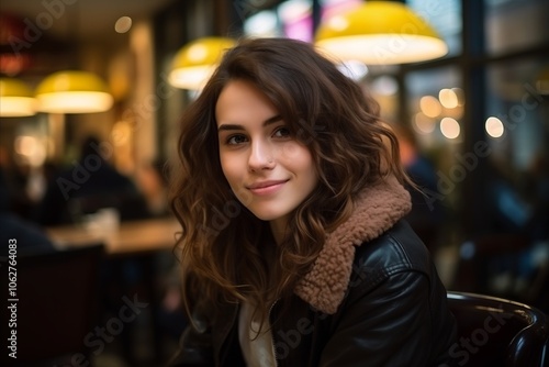 Portrait of a beautiful young woman sitting in a cafe and smiling