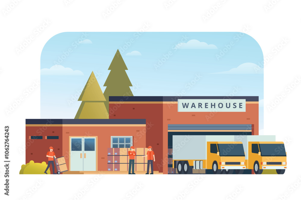 Warehouse building vector illustration, flat style factory storage. truck and van. Warehouse and Logistic Management Warehouse building vector illustration, flat style factory storage. truck and van. Warehouse and Logistic Management