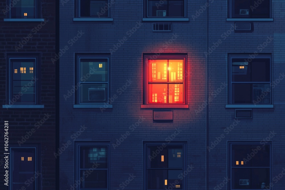 Minimalist illustration of the windows on an apartment building at night, with glowing lights from the windows Minimalist illustration of the windows on an apartment building at night, with glowing lights from the windows