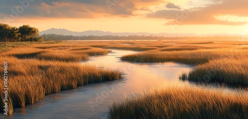 A remote wetland with sprawling grassy marshes winding streams and soft orange sunset hues