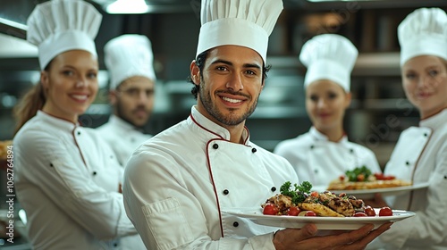 Professional Chefs in Modern Restaurant Kitchen photo