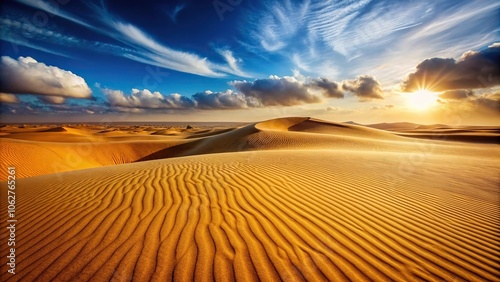 Sandy dunes stretching towards the horizon with a vast expanse of golden sand, golden sand, sun beat, wide open spaces, sandy hills, arid land