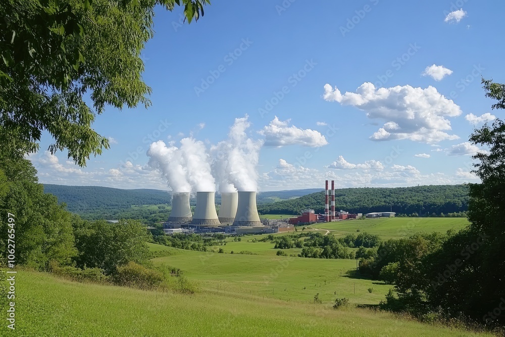 Nuclear Power Plant with Three White Towers Emitting Steam Surrounded by Green Fields and Trees Nuclear Power Plant with Three White Towers Emitting Steam Surrounded by Green Fields and Trees