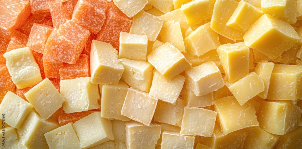 Close-up of a Collection of Cubed Cheese Varieties Close-up of a Collection of Cubed Cheese Varieties