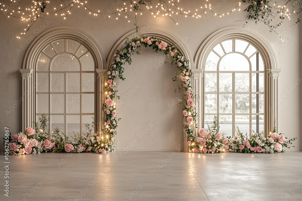 Fototapeta premium Vintage Arched Backdrop with Pastel Roses and Fairy Lights: Elegant White and Beige Floral Display with Whimsical Lighting for Photography