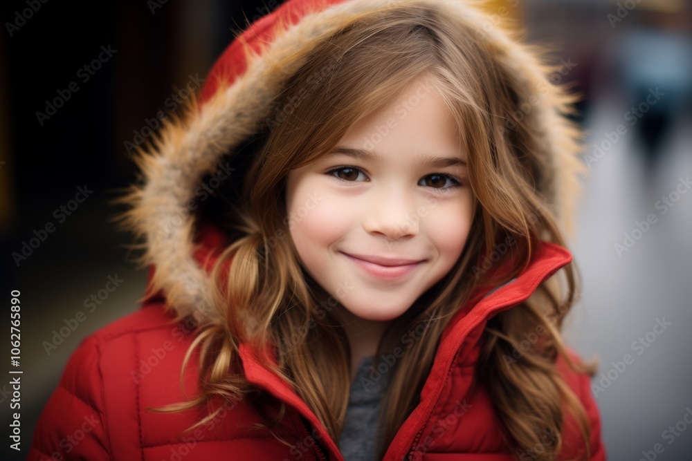 Portrait of a cute little girl in a red winter jacket. Portrait of a cute little girl in a red winter jacket.