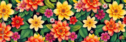 Seamless pattern background featuring various colorful flowers in a repeated design, organic, blossom, petal