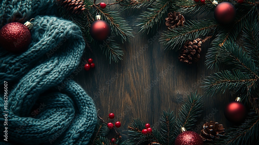 Close-up of a dark wood surface with a knitted scarf, pine branches, and small red ornaments, spacious copyspace in the middle, soft warm glow, hd quality, cozy holiday charm. --ar 16:9 Close-up of a dark wood surface with a knitted scarf, pine branches, and small red ornaments, spacious copyspace in the middle, soft warm glow, hd quality, cozy holiday charm. --ar 16:9