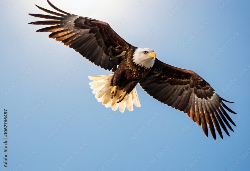 Fototapeta premium An eagle soaring through a bright blue sky, with its feathers spread wide and sharply detailed. Its piercing yellow eyes focus intently, and the wings catch the sunlight. Ai generated image.