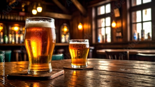 Selection of Craft Beers in Various Glasses, Rustic Pub Interior with Daylight Ambiance, High Detail Photography of Beer Varieties on a Wooden Table