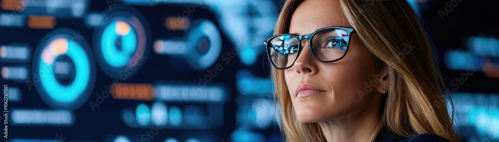 A focused woman with glasses looks intently at digital interface displays, showcasing data analytics and technology. A focused woman with glasses looks intently at digital interface displays, showcasing data analytics and technology.