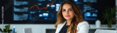 A professional woman with long hair sits confidently at her desk, with graphs and data displayed on screens behind her, indicating a business environment.