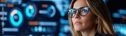 A focused woman with glasses looks intently at digital interface displays, showcasing data analytics and technology.