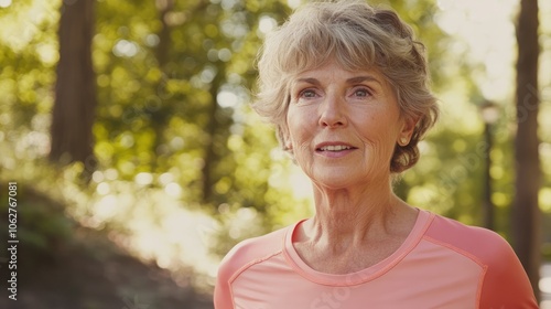 Portrait of Senior Woman Jogging Outdoors Radiating Happiness and Determination in Park Setting