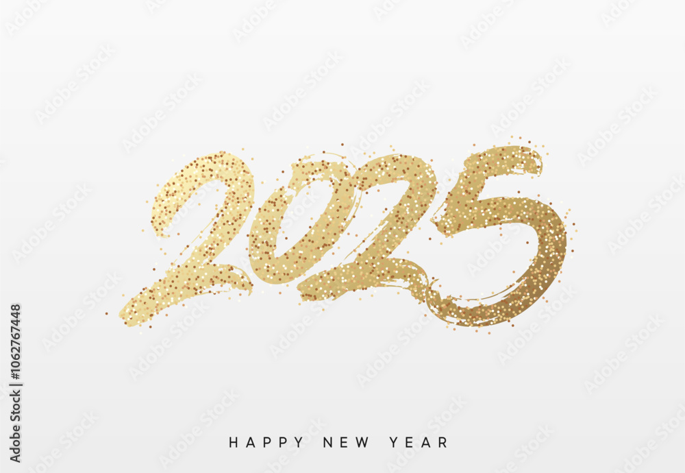 Happy New Year written number golden glitter 2025. Gold glittered 2025 text in a bold, hand painted style on a white background. Vector illustration Happy New Year written number golden glitter 2025. Gold glittered 2025 text in a bold, hand painted style on a white background. Vector illustration