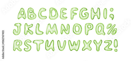 Letters made of glass material. Set of fonts with realistic 3d glass liquid effect, consisting of uppercase letters, special symbols. Complete alphabet Ideal for modern design. Vector illustration