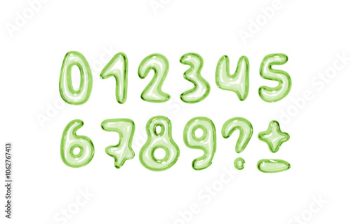 Set of shiny pink bubble style numbers and symbols on white background. Playful glossy digits ranging from 0 to 9, additional punctuation marks. Realistic 3d design. Vector illustration