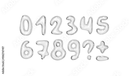 Set of shiny pink bubble style numbers and symbols on white background. Playful glossy digits ranging from 0 to 9, additional punctuation marks. Realistic 3d design. Vector illustration