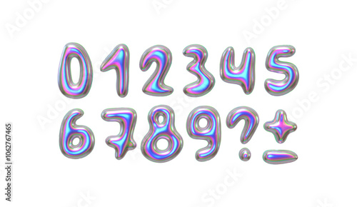 Holographic numbers set from 0 to 9 in metallic colors realistic 3d design, Liquid metal chrome shaped alphabet. Vector illustration