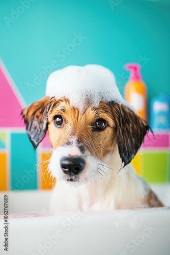 Humorous Portrait of Dog Enjoying Bubble Bath in Grooming Salon with Playful Expression photo