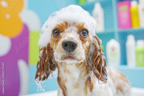 Humorous Portrait of Dog Enjoying Bubble Bath in Grooming Salon with Playful Expression photo